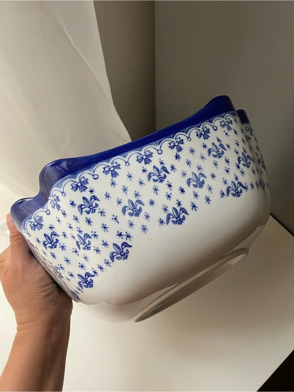 Vintage WCL Fleur De Lis Serving Dish Bowl Scalloped Corners, Blue And White